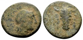 Phokis, Phokian league. 4th-3rd century BC. Æ18, 5.58 g. Bull's head facing, fillets hanging from horns / ΦΩKEΩN laureate head of Apollo right .BCD Lo...