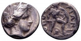 Lokris, Lokri Opuntii. Ca. 380-360 BC. AR triobol or hemidrachm, 2.72 g. Head of Persephone right, wearing wreath of grain ears, single-pendant earrin...