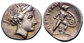 Lokris, Lokri Opuntii. Ca. 340-330 BC. AR triobol or hemidrachm, 2.43 g. Head of Persephone right, wearing wreath of grain ears, single-pendant earrin...