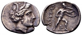 Lokris, Lokri Opuntii. Ca. 340-330 BC. AR triobol or hemidrachm, 2.66 g. Head of Persephone right, wearing wreath of grain ears, single-pendant earrin...