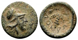 Lokris, Lokri Opuntii. Mid-late 4th century BC. Æ12, 1.52 g. Helmeted head of Athena right / ΛΟKΡΩΝ grape bunch on stalk with tendrils. BCD Lokris-Pho...