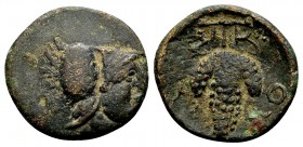 Lokris, Lokri Opuntii. Early 3rd century BC. Æ14, 1.85 g. Helmeted head of Athena right / grape bunch on stalk with tendris; in fields: Λ Ο. BCD Lokri...