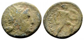 Lokris, Lokri Opuntii. 2nd century BC. Æ16, 3.56 g. Head of Demeter right / [O]ΠOYΝTΙ[ΩΝ] Ajax with shield and sword advancing right. BCD Lokris-Phoki...