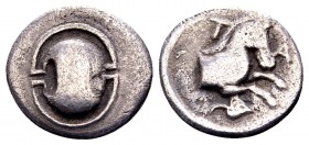 Boeotia, Tanagra. Early-mid 4th century BC. AR obol, 0.79 g.  Boeotian shield / TA protome of horse right, ivy leaf below. BCD Boiotia 299b. Very fine...