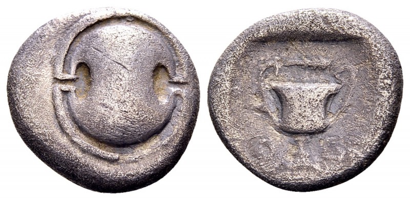 Boeotia, Thebes. Ca 425-375 BC. AR triobol or hemidrachm, 2.23 g. Boeotian shiel...