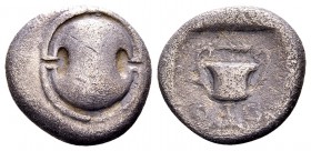 Boeotia, Thebes. Ca 425-375 BC. AR triobol or hemidrachm, 2.23 g. Boeotian shield / ΘΕΒ kantharos, club above; all within incuse square. BCD Boeotia 4...
