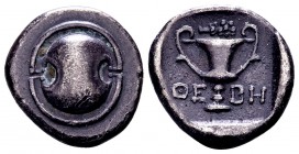 Boeotia, Thebes. Ca 425-375 BC. AR triobol or hemidrachm, 2.44 g. Boeotian shield / ΘΕΒΗ kantharos, club above; all within incuse square. BCD Boeotia ...
