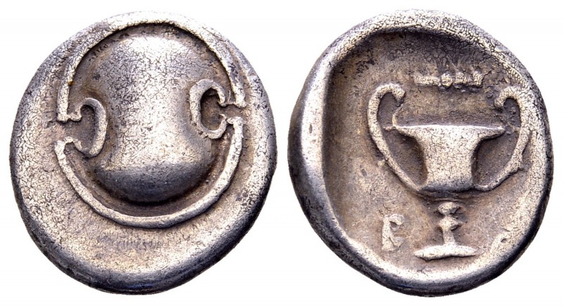 Boeotia, Thebes. Ca. 395-340 BC. AR triobol or hemidrachm, 2.62 g. Boeotian shie...