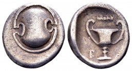 Boeotia, Thebes. Ca. 395-340 BC. AR triobol or hemidrachm, 2.62 g. Boeotian shield / Β in left field kantharos, club above; all within incuse square. ...