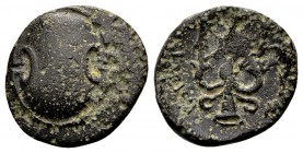 Boeotia, Federal Coinage. Ca. 338-300 BC. Æ13, 1,49 g. Boiotian shield / Ornamented trident upward, with curved crossbar; BOIΩTΩN upward on left, dolp...