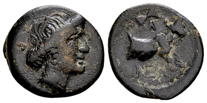 Euboia, Histiaia. Ca. 369-338 BC. Æ14, 2.16 g. Head of nymph Histiaia right / IΣ...