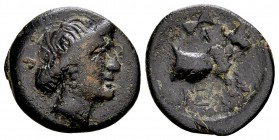 Euboia, Histiaia. Ca. 369-338 BC. Æ14, 2.16 g. Head of nymph Histiaia right / IΣTI protome of bull standing right; above: bipennis. BMC -, cf. 10-20; ...