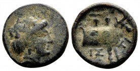 Euboia, Histiaia. Ca. 369-338 BC. Æ12, 1.97 g. Head of nymph Histiaia right / IΣTI protome of bull standing right; above: two grape bunches on stalk. ...