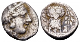 Attika, Athens. Ca. 449-404 BC. AR hemidrachm, 2.01 g.Helmeted head of Athena right / AΘE around owl standing facing between two olive branches. Svoro...