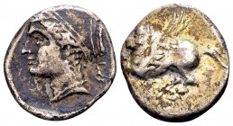 Korinthia, Korinth. Ca 350-300 BC. AR drachm, 2.34 g. Pegasos flying left; J below / Head of Aphrodite left, hair bound in sakkos; monogram behind nec...
