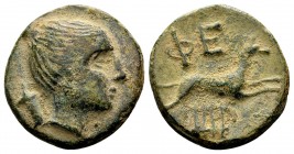Arkadia, Pheneos.  . Ca. 300-240 BC. Æ chalkous, 2.76 g. Bust of Artemis Heurippa right, bow and quiver over shoulder / Hound running right; syrinx be...