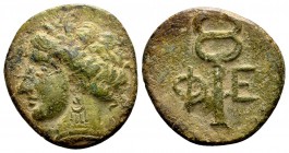 Arkadia, Pheneos.  . Ca. 350-300 BC. Æ dichalkon, 3.75 g.  Head of Demeter left / Φ E upright kerykeion. BCD Peloponnesos 1623; Laffaille 381.  Beauti...
