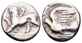 Sikyonia, Sikyon. Ca 330-280 BC. AR triobol or hemidrachm, 2.68 g. Chimaera standing left, raising forepaw; ΣI below / Dove flying left; pellet above ...