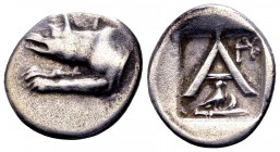Argos, Argolis. Ca. 260-250 BC. AR triobol, 2.49 g. Forepart of wolf at bay left, [Θ above] / large A; ΠY-monogram in upper right corner; below, eagle...