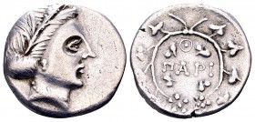 Cyclades, Paros. 3rd-2nd century BC. AR drachm, 3.47 g. Wreathed head of Demeter right, wearing necklace / Θ PARI and four ivy leafs, all within ivy w...
