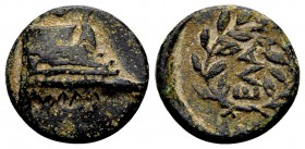 Aeolis, Elaia. Ca. 350-284 BC. Æ12, 1.91 g. AΛΑΛΟΙ prow right / EΛA within wreath. SNG Copenhagen 889. RRR. Extremely fine.