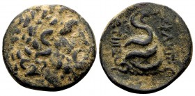 Mysia, Pergamon. Ca. 133-27. Æ21, 8.08 g.  Laureate head of Asklepios right / AΣKΛHΠIOY ΣΩTHROΣ serpent coiled around omphalos.BMC 158. Very fine. ...