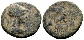 Phrygia, Apameia. Ca. 88-40 BC. Æ24, 8.4 g. Helmeted bust of Athena left / AΠΑΜEΙΩ[Ν] eagle alighting right above maeander pattern; left and right: ei...