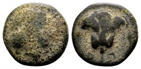 Islands off Caria, Rhodos. Rhodes, ca. 350-300 BC. Æ11, 1.54 g. Head of nymph Rhodos right / P O  Rose with bud right. BMC 74ff. Good fine. 