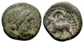 Crete, Gortyna. Ca. 220 BC. Æ12, 2.45 g. Head of Zeus with taenia right; border of dots / [ΓΟΡΤΥ] ΝΙΩΝ Europa seated right, with billowing veil, on bu...
