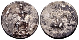 Cilicia, Tarsos. Mazaios, ca 361-334 BC. AR stater, 11.04 g. Baaltars seated left, holding eagle, ear of corn and bunch of grapes in right hand, lotus...