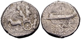 Phoenicia, Sidon. 4th century BC, possibly 'Abd'Ashtart I. AR double shekel, 24.95 g. War-galley left on zigzag lines of waves / Great King in chariot...