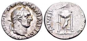 Vitellius. Rome, 69 AD. AR denarius, 2,95 g. A VITELLIVS GERMAN IMP TR P laureate head right / SACR FAC XV VIR tripod-lebes; above: dolphin right, bel...