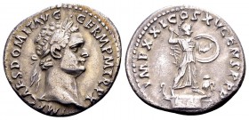 Domitian. Rome, 90 AD. AR denarius, 3.03 g. IMP CAES DOMIT AVG GERM P M TR P X laureate head right / IMP XXI COS XV CENS P P P Minerva standing right ...