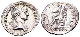 Trajan. Rome, 114-116 AD. AR denarius, 3.25 g. IMP CAES NER TRAIAN OPTIM AVG GERM DAC laureate, draped bust right / P M TR P COS VI P P S P Q R, Fortu...