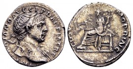 Trajan. Rome, 108 AD. AR denarius, 3,07 g. IMP TRAIANO AVG GEP DAC PM TRP laureate head right / COS V PP SPQR OPTIMO PRINC Aequitas seated left on thr...