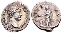 Hadrian. Rome, 117-138 AD. Ardenarius, 2.81 g. HADRIANVS AVG COS III P P bare head right / SALVS AVG Salus standing left with sceptre, sacrificing wit...