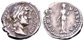 Hadrian. Rome, 134-138 AD. AR denarius, 2,98 g. HADRIANVS AVG COS III P P bare head right / FIDES PVBLICA Fides standing right, with grain ears and pl...