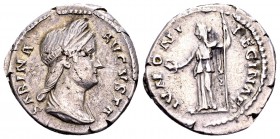Sabina as Augusta. Rome, 134-136 AD. AR denarius, 3.22 g. SABINA AVGVSTA diademed, draped bust right / IVNONI REGINAE Juno standing left, with patera ...