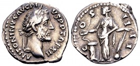 Antoninus Pius. Rome, 148-149 AD. AR denarius, 3.30 g. ANTONINVS AVG PIVS P P TR P XII laureate head right / COS IIII Salus standing facing, with pate...