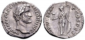 Antoninus Pius. Rome, 138 AD. AR denarius, 3.41 g. IMP T AEL CAES HADRI ANTONINVS bareheaded bust right / AVG PIVS P M TR P COS DES II Minerva standin...