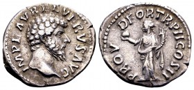 Lucius Verus. Rome, 162 AD. AR denarius, 3.24 g. IMP L AUREL VERVS AVG. bare head right / PROV DEOR TR P II COS II Providentia standing left, with glo...