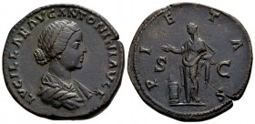 Lucilla. Rome, 161-162 AD. Æ sestertius, 24.10 g. LVCILLAE AVG ANTONINI AVG F draped bust right / PIETAS Pietas, draped, veiled and diademed, standing...