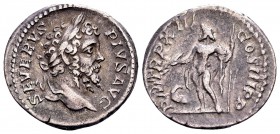 Septimius Severus. Rome 205 AD. AR denarius, 3.65 g.SEVERVS PIVS AVG laureate head right / P M TR P XIII COS III P P Jupiter standing facing, with thu...