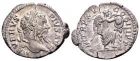 Septimius Severus. Rome, 207 AD. AR denarius, 3.17 g. SEVERVS PIVS AVG laureate head right / P M TR P XV COS III P P Victory standing right, foot on g...