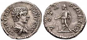 Geta  as Caesar. Rome, 205 AD. AR denarius, 3.58 g. GETA CAES PONT COS bareheaded, draped bust right / VOTA PUBLICA Geta, veiled, standing left, sacri...