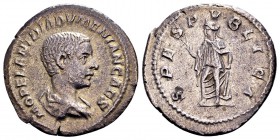 Diadumenian as Caesar. Rome, 218 AD. AR denarius, 2.77 g. M OPEL ANT DIADVMENIAN CAES bareheaded, draped bust right / SPES PVBLICA Spes standing left,...