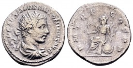 Elagabalus. Rome, 218 AD. AR antoninianus, 3.59 g. IMP CAES M AVR ANTONINVS AVG radiate, draped bust right / P M TR P COS P P Roma seated left, holdin...