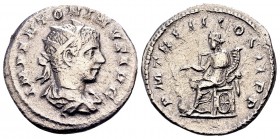 Elagabalus. Rome, 219 AD. AR denarius, 4.32 g. IMP ANTONINVS AVG laureate, draped bust right / P M TR P II COS II P P Fortuna seated left on throne, w...