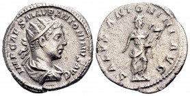 Elagabalus. Rome,  222 AD. AR antoninianus, 4.65 g.  IMP CAES M AVR ANTONINVS AVG radiate, draped bust right / SALVS ANTONINI AVG Salus standing right...