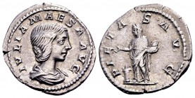 Julia Maesa as Augusta . Rome, 218-225 AD. AR denarius, 2.72 g. IVLIA MAESA AVG draped bust right / PIETAS AVG Pietas, veiled, standing left, sacrific...